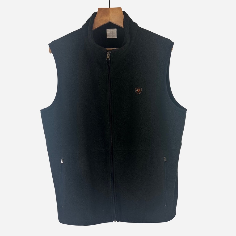 Ariat Fleece Vest Black Full Zip Mock Neck Logo Pockets Mens Large 10537